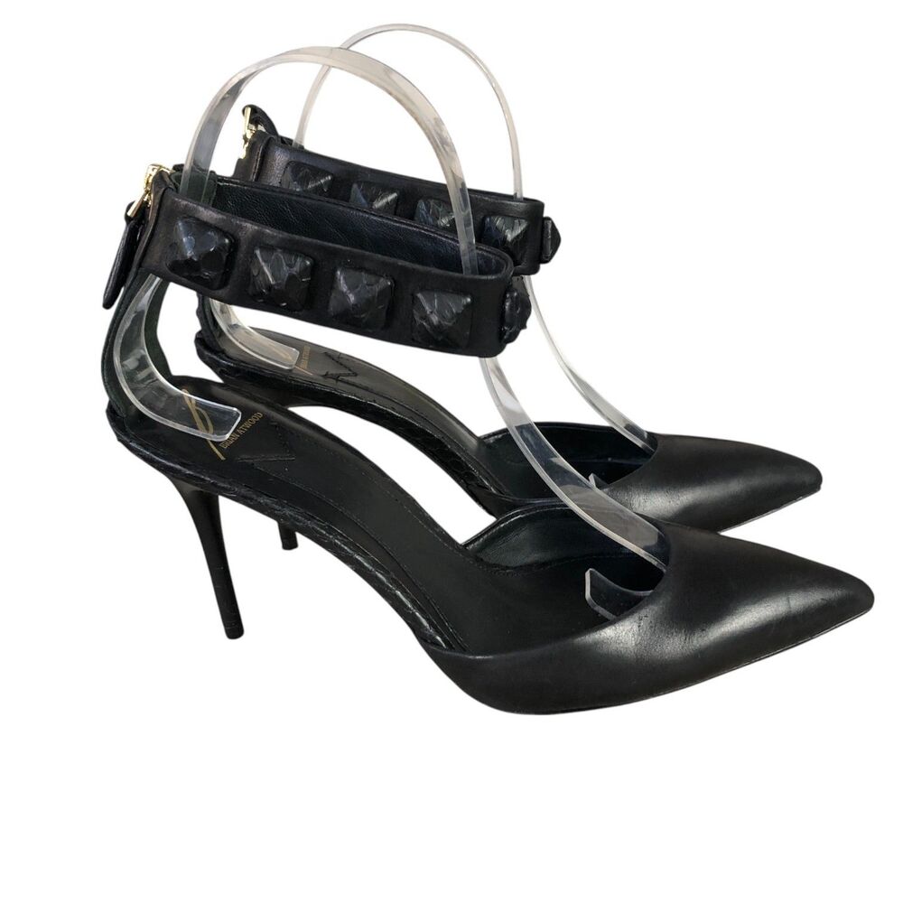 Brian Atwood Black Leather Studded Back Zip D'Orsay Ankle Band Stiletto's Sz‎ 7